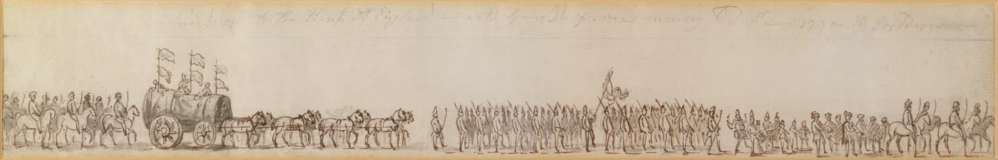 1799年にイギリス海軍によって捕獲されたスペイン海軍のお金をバンクオブイングランドに連れて行く行列（ペンとインクで描く）